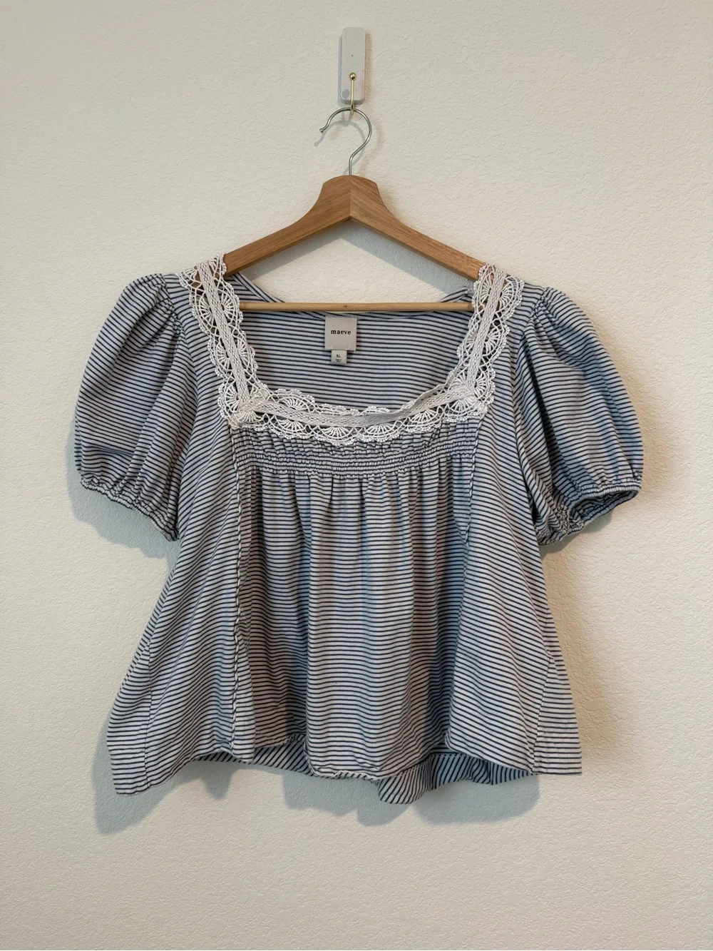 Anthro Maeve Square Neck Puff Sleeve Stripe Swing Tee - Picture 2 of 7